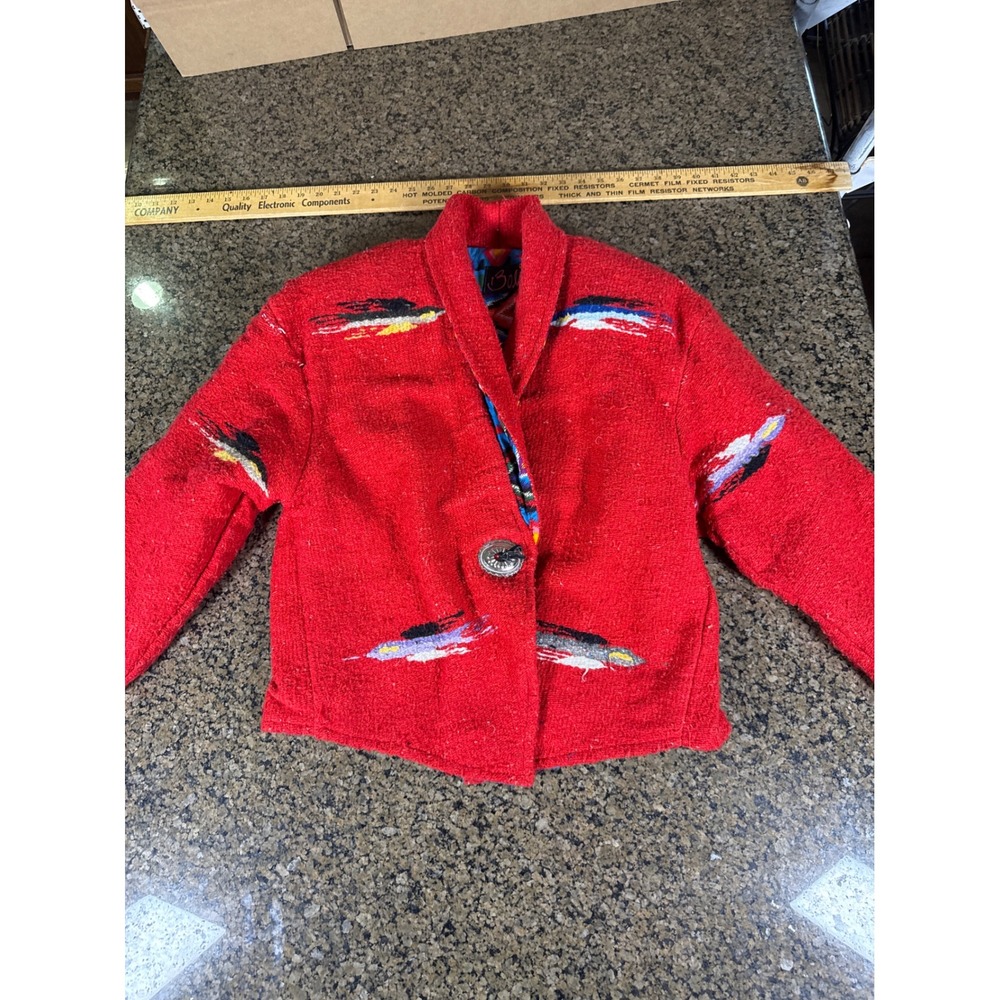 Vintage Bolero Red Wool Southwestern Concho Button Jacket Tribal Print Lining